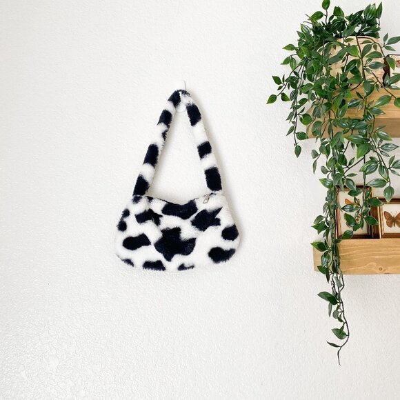 🦋 Y2K Cow Print Shoulder Bag Purse Fuzzy - Picture 1 of 3